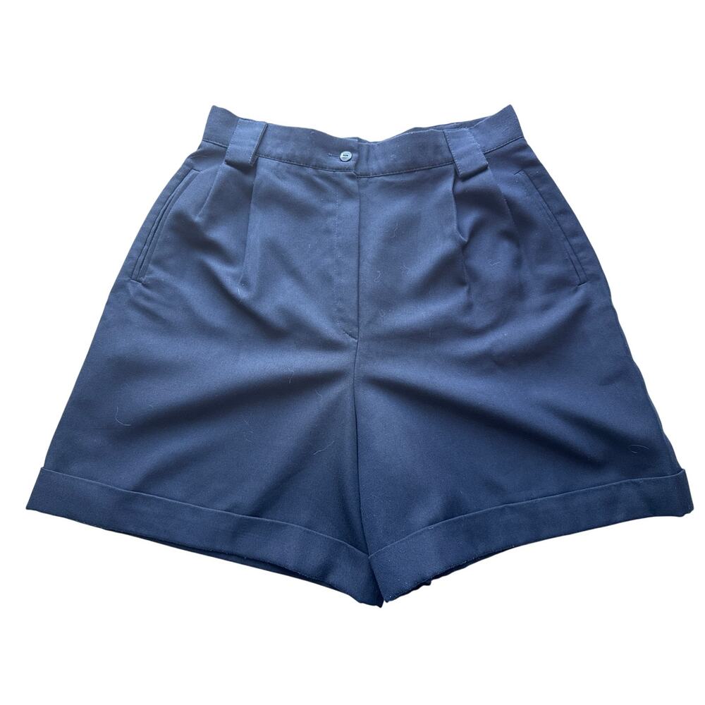 Vintage Italian Long Pleated Bermuda Shorts in Navy Blue Size 28"
